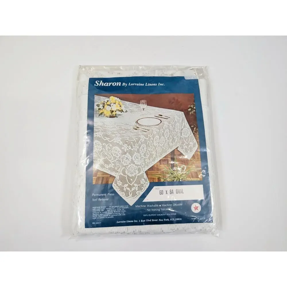 Vintage Tablecloth Oval 60 x 84 White Floral Lace New Sharon by Lorraine Linens